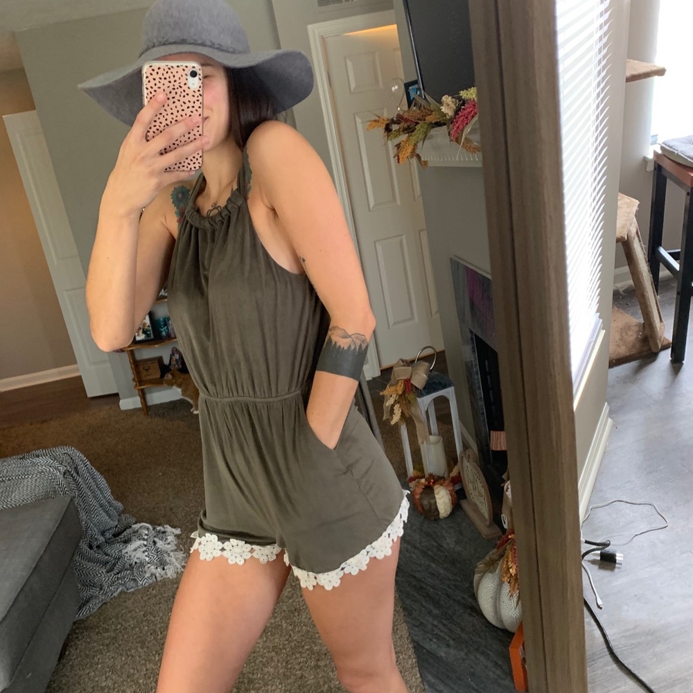 Military green suede romper with POCKETS